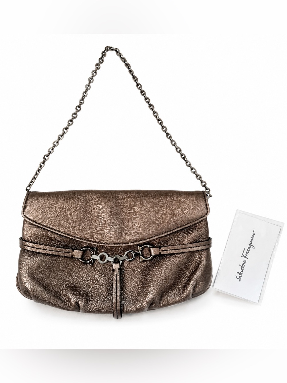 Salvatore Ferragamo Bronze Metallic Leather Chain Clutch Shoulder Bag Italy Auth